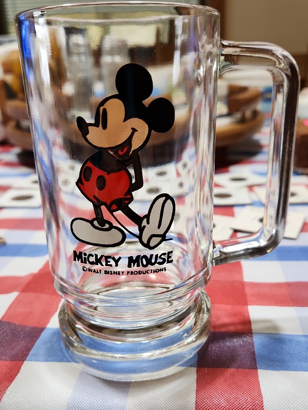 Disney Mickey Mouse Clear Glass Mug - Red & Black Design / Vintage 1970s